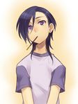  1boy eating food gradient_background hataraku_maou-sama! male_focus pocky purple_eyes purple_hair simple_background solo t-shirt tkemn upper_body urushihara_hanzou 