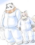  2016 ailurid anthro belly clothing duo humanoid_hands kota&acute; male mammal overweight overweight_male panda pants red_panda scarf simple_background sweater ursine 