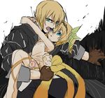 1girl arm_around_neck blonde_hair brother_and_sister edna_(tales) eizen_(tales) open_mouth protected_link ribbon short_hair siblings tales_of_(series) tales_of_berseria tales_of_zestiria 