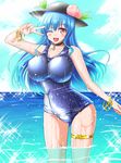  blue_hair blue_sky blush bracelet breasts choker cloud day food fruit hat highres hinanawi_tenshi honda_takaharu jewelry large_breasts long_hair looking_at_viewer ocean one-piece_swimsuit one_eye_closed open_mouth outdoors peach red_eyes school_swimsuit sky solo sparkle standing swimsuit thigh_strap touhou v_over_eye wading water wet 