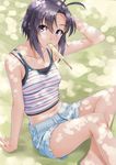  ahoge antenna_hair arm_up bare_shoulders barefoot belly_peek black_eyes black_hair collarbone dappled_sunlight denim denim_shorts food hand_behind_head idolmaster idolmaster_(classic) kikuchi_makoto looking_at_viewer miri_(ago550421) mouth_hold navel popsicle short_hair short_shorts shorts solo striped_tank_top sunlight sweat 