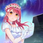  alternate_costume artist_name blurry choker depth_of_field dress earrings floating_hair flower gloves hair_ornament hairclip highres instrument jewelry long_hair looking_at_viewer love_live! love_live!_sunshine!! orange_eyes piano red_hair sakurauchi_riko sky solo soy_0000 star_(sky) starry_sky white_dress white_gloves wreath yume_no_tobira 