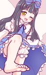  1girl akabashi barefoot black_hair blush feet hair_ribbon hime_cut long_hair one_eye_closed pov soles star_sapphire toes touhou yellow_eyes 