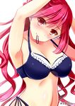  akine_(kuroyuri) armpits arms_up black_bra black_panties bra breasts cleavage hands_in_hair highres large_breasts long_hair looking_at_viewer panties rasis red_eyes red_hair side-tie_panties simple_background solo sound_voltex topless underwear underwear_only upper_body white_background 
