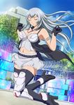  black_gloves breasts chouun_shiryuu cleavage closed_eyes day gloves grey_skirt ikkitousen large_breasts long_hair midriff navel outdoors shiny shiny_skin silver_hair skirt solo thighhighs 