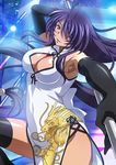  armpits black_gloves black_legwear breasts china_dress chinese_clothes cleavage cleavage_cutout dragon_print dress elbow_gloves gloves hair_over_one_eye ikkitousen kan'u_unchou large_breasts long_hair looking_at_viewer low-tied_long_hair purple_hair solo thighhighs white_dress 