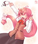  :3 ;3 ;d ahoge alternate_costume arm_up artist_name blush bunny_hair_ornament coffee cosplay crescent crescent_hair_ornament cup dated gochuumon_wa_usagi_desu_ka? hair_ornament highres hoto_cocoa hoto_cocoa_(cosplay) kanon_(kurogane_knights) kantai_collection long_hair long_skirt long_sleeves looking_at_viewer one_eye_closed open_mouth pink_hair rabbit_house_uniform red_eyes skirt smile solo star teacup uzuki_(kantai_collection) waitress |_| 