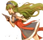  bad_id bad_pixiv_id braid breasts cleavage closed_mouth cowboy_shot dress dual_wielding dutch_angle floating_hair green_hair gun hair_ornament handgun holding ixion_saga ixion_saga_dt long_hair mariandale pistol puffy_short_sleeves puffy_sleeves purple_eyes short_dress short_sleeves shukra sideways_glance small_breasts solo very_long_hair weapon white_background wind 