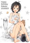  2016 :d animal antenna_hair bare_legs barefoot black_eyes black_hair blush breasts bug butterfly cat character_name collarbone dated dress full_body happy_birthday head_tilt idolmaster idolmaster_(classic) insect kikuchi_makoto laki legs looking_at_viewer open_mouth short_hair sitting sky small_breasts smile solo star sundress white_background white_dress 