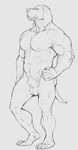  2015 4_toes 5_fingers abs animal_genitalia anthro balls biceps big_muscles canine claws dog floppy_ears forge_(artist) fur greyscale hand_on_hip hi_res male mammal monochrome muscular muscular_male nipples nude pecs plantigrade pose sheath simple_background solo standing toe_claws toes 