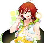  ahoge blush commentary_request earrings ensemble_stars! highres hood hoodie hoodie_vest jewelry male_focus multicolored_hair necklace open_mouth pauta_00 red_hair sakasaki_natsume sleeveless sleeveless_hoodie smile solo streaked_hair vest yellow_eyes 