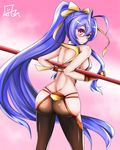  antenna_hair ass backless_outfit bangs bare_shoulders behind_back black_pants blazblue blazblue:_central_fiction blazblue_variable_heart blue_hair blush bow breasts butt_crack fingerless_gloves from_behind genderswap genderswap_(mtf) gloves hair_between_eyes hair_bow hair_ribbon halter_top halterneck holding holding_weapon large_breasts long_hair looking_at_viewer looking_back lowleg lowleg_pants mai_natsume midriff nagishy no_bra no_panties outseal pants polearm ponytail purple_eyes red_eyes revealing_clothes ribbon shiny shiny_clothes shiny_hair shiny_skin sideboob sidelocks smile solo spear standing very_long_hair weapon yellow_bow 