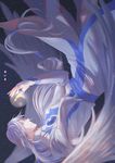  amico_(amicol) blurry bubble cardcaptor_sakura depth_of_field feathers highres long_hair long_sleeves low-tied_long_hair male_focus profile silver_hair sky solo star_(sky) starry_sky upside-down white_hair white_wings wings yue_(ccs) 