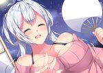  :d ^_^ ahoge bare_shoulders blush breasts cleavage closed_eyes fan large_breasts light_blue_hair long_hair matoi_(pso2) milkpanda off-shoulder_sweater open_mouth paper_fan phantasy_star phantasy_star_online_2 smile solo sweater uchiwa 