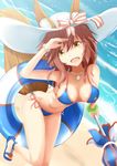  adidas animal_ears bangle bikini blush bracelet breasts cleavage collarbone day fate/grand_order fate_(series) fox_ears fox_girl fox_tail hat hat_ribbon jewelry joko_jmc large_breasts long_hair looking_at_viewer navel necklace ocean open_mouth outdoors parasol pendant pink_hair ribbon side-tie_bikini solo sun_hat swimsuit tail tamamo_(fate)_(all) tamamo_no_mae_(fate) umbrella yellow_eyes 