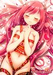  akine_(kuroyuri) bed_sheet blush breasts collarbone from_above groin hands_together highres large_breasts long_hair lying naked_ribbon navel on_back petals rasis red_hair ribbon solo sound_voltex underboob 