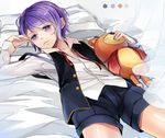  1boy bags_under_eyes bed collarbone collared_shirt diabolik_lovers from_below looking_at_viewer lying male_focus open_clothes pillow purple_eyes purple_hair sakamaki_kanato sandy7367 solo stuffed_animal teddy_(diabolik_lovers) teddy_bear unbuttoned 