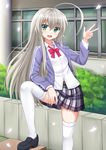  :d ahoge aqua_eyes blush building fang haiyore!_nyaruko-san highres kazenokaze long_hair looking_at_viewer nyarlathotep_(nyaruko-san) open_mouth petals plaid plaid_skirt pleated_skirt school_uniform shoes silver_hair skirt smile solo thighhighs w white_legwear zettai_ryouiki 