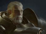  armor beard facial_hair full_armor male_focus manly no_headwear no_helmet old_man overwatch pauldrons photorealistic plate_armor reinhardt_(overwatch) scar scar_across_eye shengxie shoulder_pads solo upper_body white_hair 