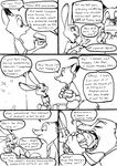  anthro buckteeth canine clothed clothing comic dialogue disney duo ears_back eating english_text eric_schwartz eyes_closed food fox half-closed_eyes judy_hopps lagomorph mammal monochrome nick_wilde open_mouth rabbit sandwich_(food) sharp_teeth simple_background smile teeth text white_background zootopia 