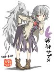  bent_over boots character_name dated feathered_wings finger_to_mouth full_body hand_on_hip inuno_rakugaki jacket kishin_sagume open_clothes open_jacket pigeon-toed red_eyes single_wing solo touhou white_background white_hair white_wings wings 