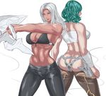  2girls abs ass bindings bra breasts butt_crack cleavage from_behind green_hair huge_ass large_breasts multiple_girls muscular navel silver_hair uya_(yurukah) weapon white_hair 