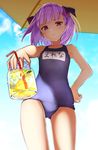  blush drink fate/grand_order fate_(series) helena_blavatsky_(fate/grand_order) highres looking_at_viewer looking_down name_tag ninnzinn one-piece_swimsuit purple_eyes purple_hair school_swimsuit short_hair solo swimsuit 