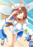  adidas animal_ears bangle beach bikini_bottom blush bracelet breasts cleavage collarbone day fate/grand_order fate_(series) fox_ears fox_girl fox_tail hat hat_ribbon innertube jewelry joko_jmc large_breasts long_hair looking_at_viewer necklace ocean open_mouth outdoors parasol pink_hair ribbon shirt solo sun_hat swimsuit tail tamamo_(fate)_(all) tamamo_no_mae_(fate) umbrella yellow_eyes 