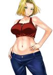  android_18 aqua_eyes arm_support bare_shoulders blonde_hair blue_eyes breasts crop_top dragon_ball dragon_ball_z hand_on_hip highres kokuryuugan large_breasts looking_at_viewer midriff navel short_hair solo 