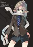  aioi_aoi alternate_costume blazer blonde_hair green_eyes hidden_mouth jacket mizuhashi_parsee necktie pointy_ears ponytail solo touhou 