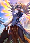  blonde_hair blue_eyes bodysuit breasts gloves high_ponytail highres large_breasts lips looking_at_viewer mechanical_halo mechanical_wings mercy_(overwatch) out_of_frame overwatch pantyhose ponytail pov short_hair solo_focus wings x.four yellow_wings 