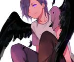  1boy angel_wings black_wings demon_boy hair_over_one_eye hataraku_maou-sama! knees_up looking_at_viewer male_focus purple_eyes purple_hair simple_background sitting slit_pupils solo t-shirt urushihara_hanzou whale9 white_background wings 