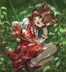  :3 :d animal_ears baram bell bobby_socks brown_hair cat_ears cat_tail chen daisy dappled_sunlight fang flower grass hat highres jewelry jingle_bell loafers long_sleeves looking_at_viewer lying mob_cap multiple_tails on_side open_mouth outdoors red_eyes ribbon shoes short_hair single_earring skirt smile socks solo sunlight tail tail_ribbon touhou vest 