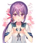  1girl akebono_(kantai_collection) bangs bell blush breasts commentary_request eyebrows_visible_through_hair fang flower hair_bell hair_between_eyes hair_flower hair_ornament heart heart_hands jingle_bell kantai_collection long_hair looking_at_viewer open_mouth purple_eyes purple_hair school_uniform serafuku side_ponytail simple_background sleeve_cuffs small_breasts solo standing sweatdrop takei_ooki 