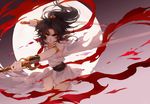  androgynous ashura bangs black_hair dress dual_wielding hair_ornament holding keylin-lin- male_focus moonlight outstretched_arm parted_bangs ponytail rg_veda running serious short_dress solo sword watermark weapon white_dress yellow_eyes 