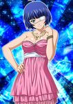  blue_hair breasts cleavage collarbone dress eyepatch green_eyes hand_on_hip ikkitousen large_breasts looking_at_viewer mole mole_under_mouth necktie pink_dress ryomou_shimei shiny shiny_skin short_hair smile solo strapless strapless_dress 