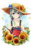  aqua_hair blue_eyes blush bow collarbone denim flower hair_between_eyes hair_ornament hair_over_shoulder hat hat_bow hat_flower hat_ribbon holding long_hair looking_at_viewer low_ponytail original overalls petals ribbon shiina_kuro smile solo straw_hat sunflower sweater upper_body watering_can 