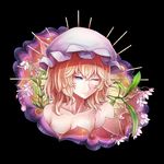  absurdres bare_shoulders black_background blonde_hair breasts cleavage collarbone dai_(yamii) flower frown green_eyes hat highres maribel_hearn mob_cap one_eye_closed simple_background small_breasts solo squinting touhou 