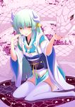  animal aqua_hair cherry_blossoms fate/grand_order fate_(series) fuu_(fuore) highres horns japanese_clothes kimono kiyohime_(fate/grand_order) long_hair looking_at_viewer obi petals red_eyes reptile sash sitting snake thighhighs tongue tongue_out water white_legwear wide_sleeves yellow_eyes 