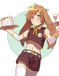  animal_ears bare_shoulders bunny_ears cake carrot_hair_ornament cowboy_shot cup drinking_glass erubo food food_themed_hair_ornament hair_ornament lop_ear_(erubo) male_focus midriff navel orange_eyes original shorts solo thighhighs tray wine_glass 