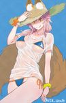  :q animal_ears bikini blue_background blue_bikini breasts collarbone ears_through_headwear fate/extra fate/grand_order fate_(series) fox_ears fox_tail hat highres large_breasts long_hair looking_at_viewer pink_hair shirt side-tie_bikini simple_background smile solo straw_hat sun_hat swimsuit t-shirt tail tamamo_(fate)_(all) tamamo_no_mae_(fate) tamamo_no_mae_(swimsuit_lancer)_(fate) tongue tongue_out utu_(ldnsft) wet wet_clothes wet_shirt wet_t-shirt white_shirt yellow_eyes 
