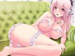  bikini blush breasts couch frilled_bikini frills headphones highres large_breasts leg_garter legs_folded long_hair nipple_slip nipples nitroplus open_mouth pink_eyes pink_hair pussy solo super_sonico swimsuit v-mag white_bikini 