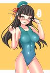 beret black_hair blue_swimsuit blush breasts choukai_(kantai_collection) flying_sweatdrops glasses hat headgear kantai_collection kurogane_daichi large_breasts long_hair one-piece_swimsuit open_mouth red_eyes remodel_(kantai_collection) solo swimsuit 