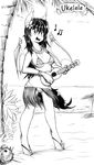  2016 anthro armpits bat_pony beach bikini breasts camel_toe clothed clothing coconut fan_character female flower flower_in_hair food footwear freckles fruit grass_skirt hair lei long_hair monochrome musical_instrument my_little_pony nipple_bulge open_mouth plant replica_(artist) sandals seaside skimpy solo swimsuit text ukelele 