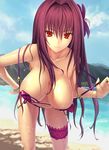  beach bent_over bikini bikini_bottom bikini_top breasts cleavage collarbone day fate/grand_order fate_(series) flower hair_flower hair_ornament hanging_breasts hibiscus highres kawanakajima large_breasts leg_garter looking_at_viewer midriff navel outdoors red_eyes red_hair sand scathach_(fate)_(all) scathach_(swimsuit_assassin)_(fate) smile solo swimsuit water wet 