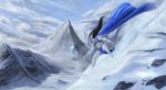  anthro black_hair blue_eyes cape clothing day detailed_background ear_piercing hair ice male midriff mountain outside piercing sky snow solo staff themefinland unknown_species white_skin 