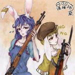  absurdres animal_ears bayonet blonde_hair blue_dress blue_hair breasts brown_hat bunny_ears character_name collarbone colored_eyelashes dress ear_clip ears_down eating floppy_ears flying_sweatdrops gun hat highres holding holding_gun holding_weapon lebel_model_1886 long_hair looking_afar looking_at_viewer medium_breasts mg_mg multiple_girls open_mouth red_eyes rifle ringo_(touhou) seiran_(touhou) shirt short_hair short_sleeves signature submachine_gun touhou type_100 upper_body weapon xianluo_neko_aoi yellow_shirt 