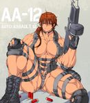  1girl abs ammunition boots breasts femalo fingerless_gloves gloves gun jin-jin large_breasts muscle orange_eyes orange_hair ponytail solo weapon 