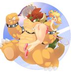  ass bad_id bad_pixiv_id blonde_hair blue_eyes blush bowser bracelet carrying_over_shoulder collar crown earrings highres horns jewelry mario_(series) mario_tennis monster panties pink_panties princess_peach racket red_eyes red_hair running shell slit_pupils spiked_bracelet spiked_collar spiked_shell spikes super_mario_bros. tennis_racket underwear zabumaku 