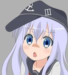  anchor_symbol blue_eyes commentary_request flat_cap gochuumon_wa_usagi_desu_ka? grey_background hair_between_eyes hat hibiki_(kantai_collection) highres kafuu_chino kantai_collection lavender_hair long_hair look-alike looking_at_viewer open_mouth parody portrait red_neckwear school_uniform serafuku simple_background solo style_parody sweatdrop white_serafuku yasaka_bunya 